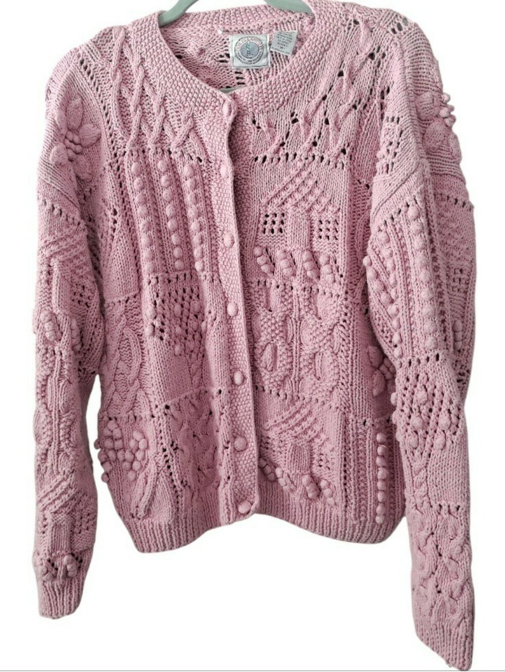 VTG Cape Isle Knitters Chunky Patchwork Knit Sweater Button Front Blush Pink